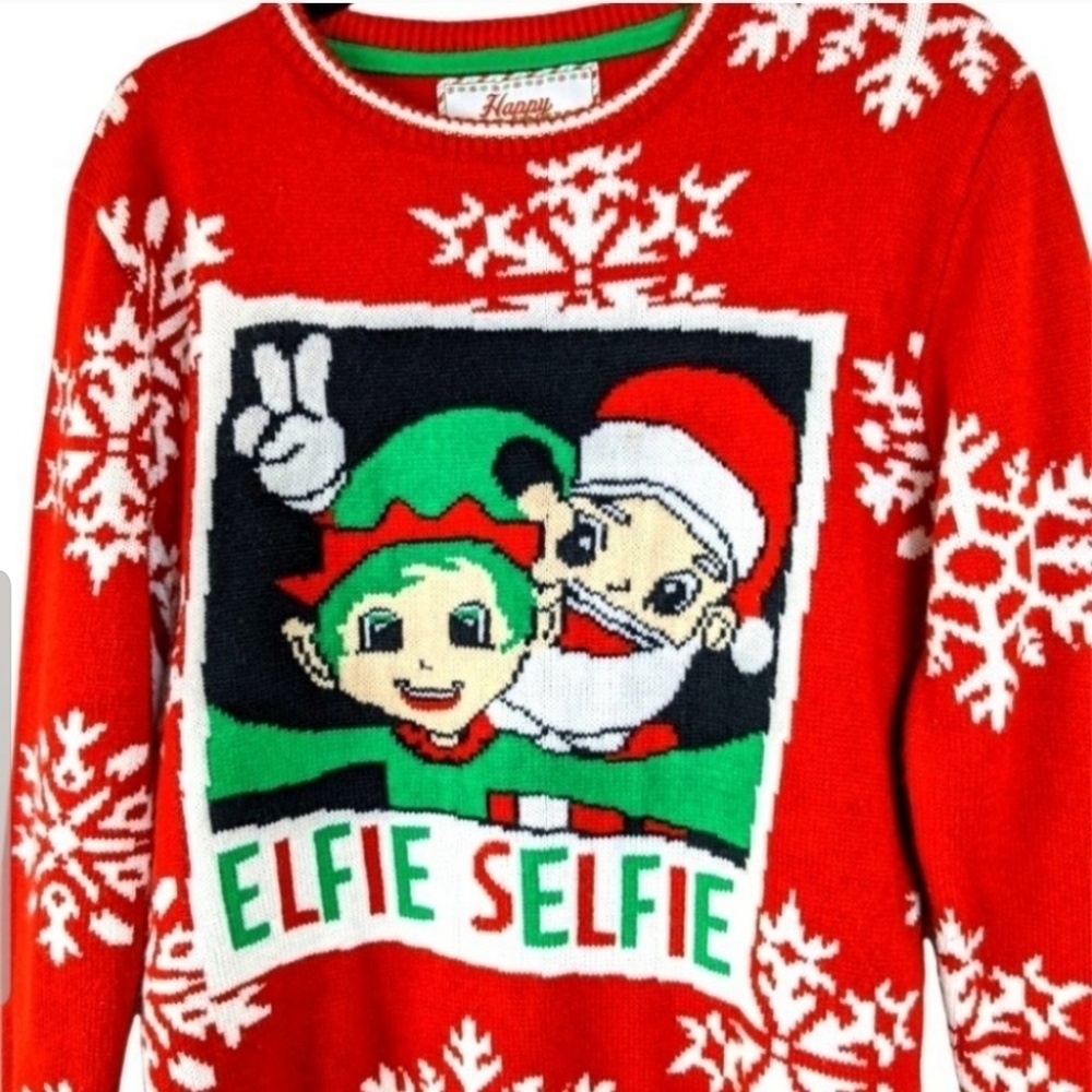Elf Red & Green Snowflake Graphic Ugly Christmas Holiday Knit Sweater  sz Small
